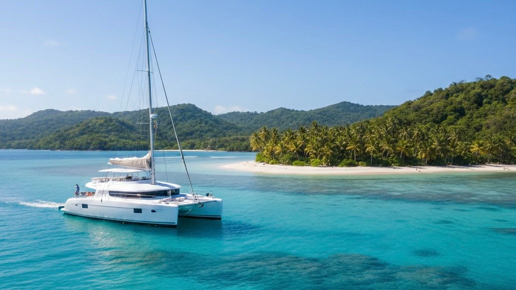 white catamaran in a bay..