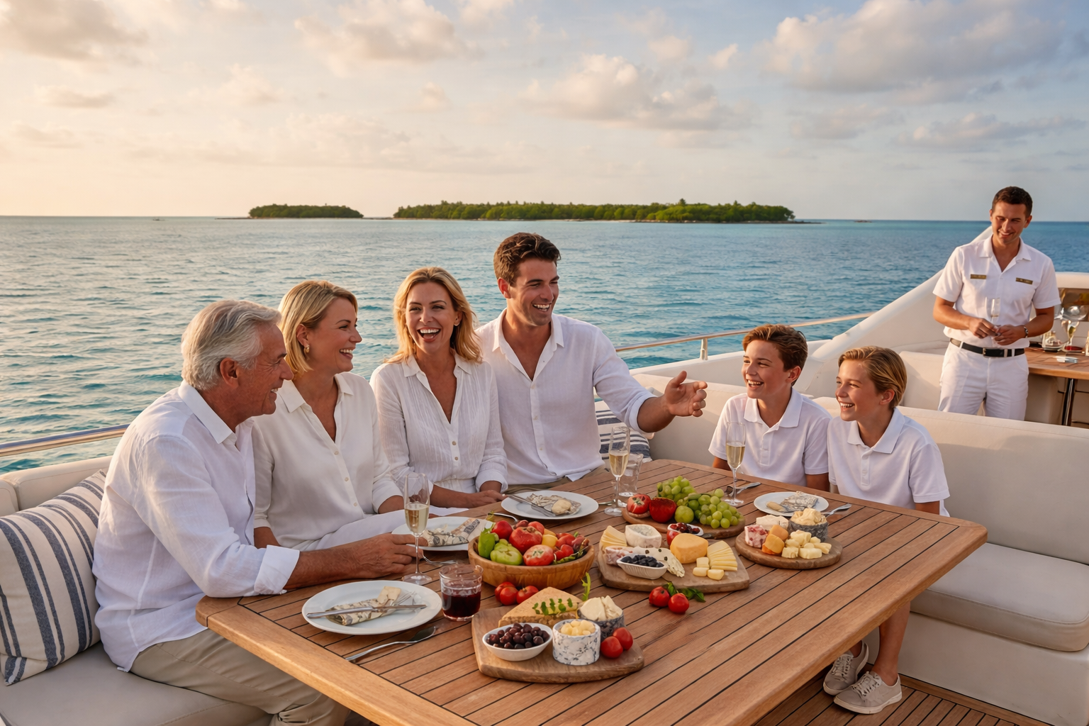 A multi-generational family enjoys dinner together onboard.