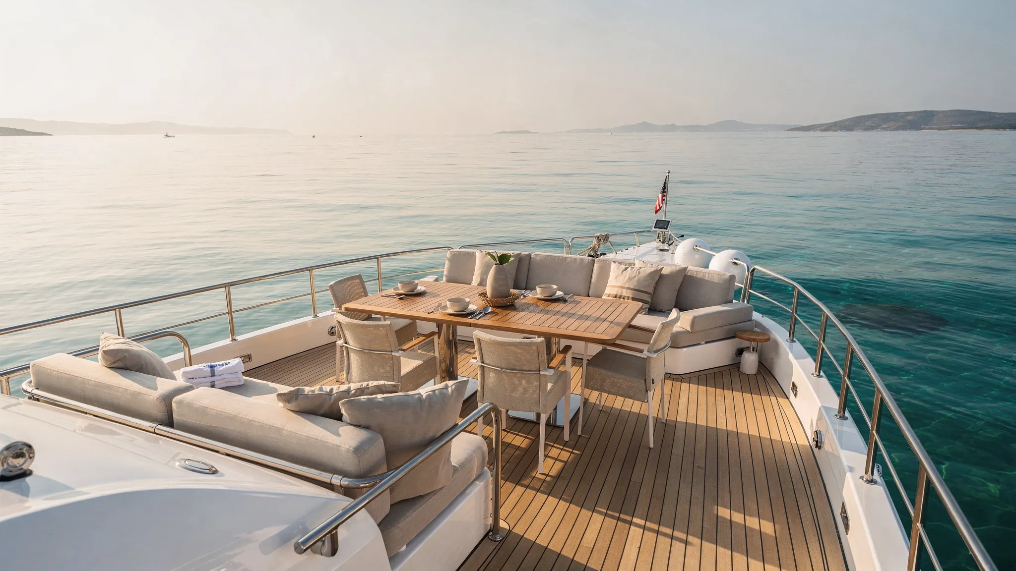 A calm, sunlit luxury yacht at anchor with an inviting aft deck setup, lounge seating, dining table, and clear water in the background. No people visible, focus on privacy and comfort.