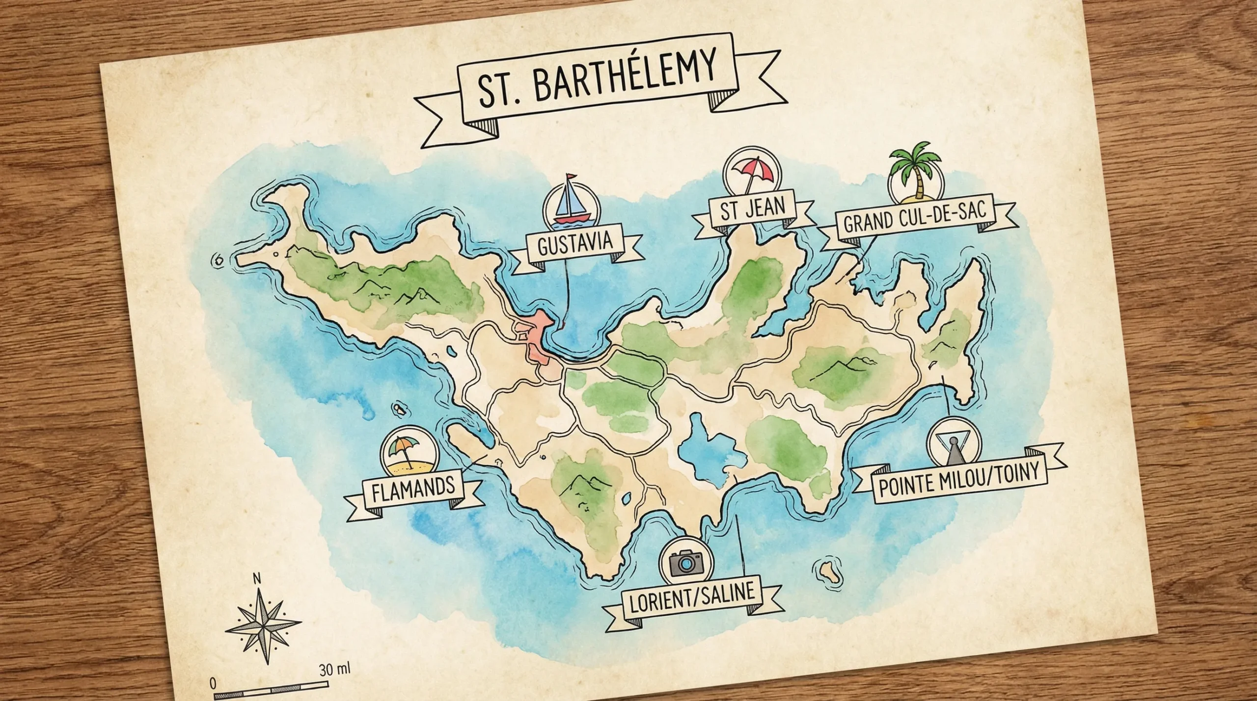A clean illustrated map of St Barts highlighting key areas for luxury hotels, including Gustavia, St Jean, Grand Cul-de-Sac, Flamands, Lorient/Saline, and Pointe Milou/Toiny, with simple icons for beaches, harbor, and viewpoints.