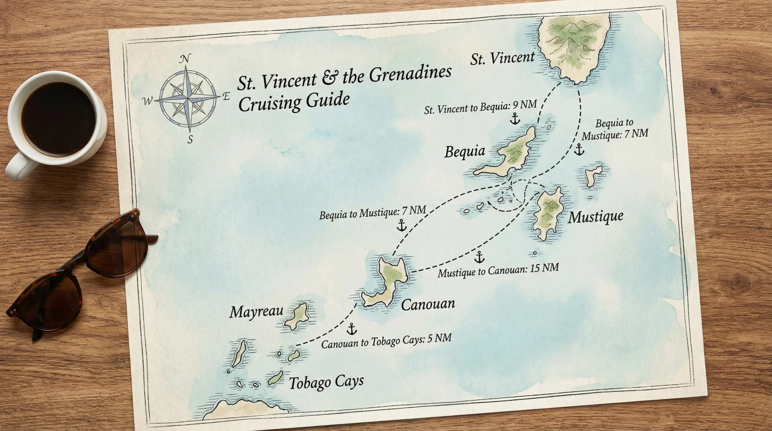 A clean illustrated map-style overview of St Vincent and the Grenadines showing St Vincent, Bequia, Mustique, Canouan, Mayreau, and the Tobago Cays connected by simple route lines with approximate nautical mile ranges.