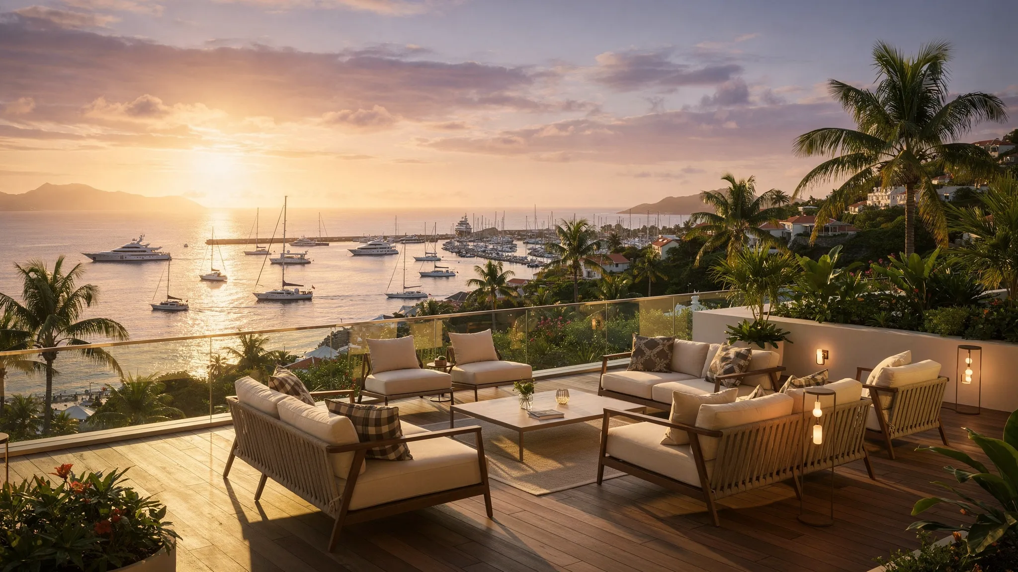 A luxury hotel terrace on a St Barts hillside at sunset with lounge seating and an ocean view, with Gustavia harbor and anchored yachts in the distance.