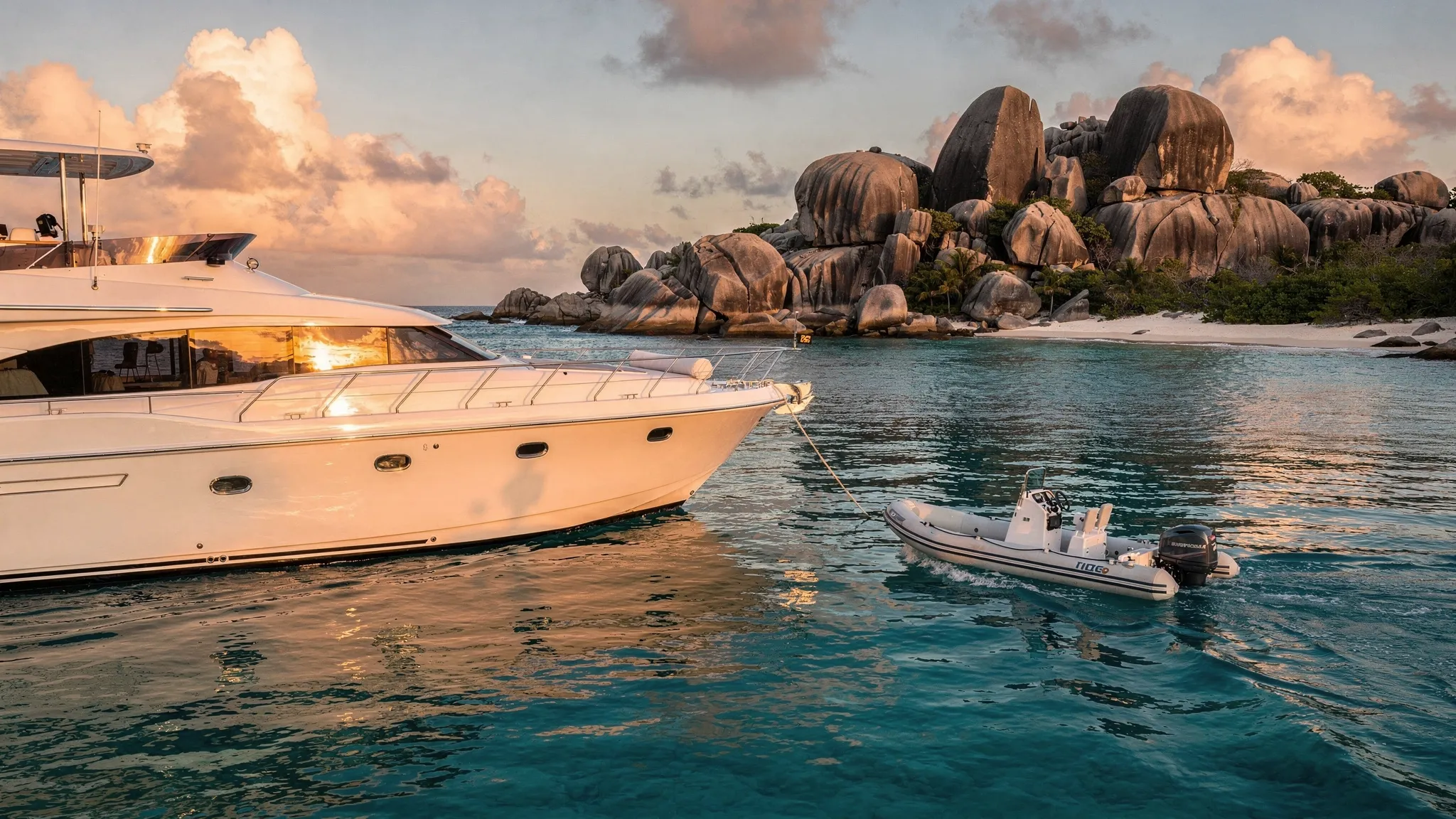 A luxury motor yacht anchored in calm turquoise water near Virgin Gorda, with dramatic granite boulders in the background at golden hour and a tender heading toward shore.