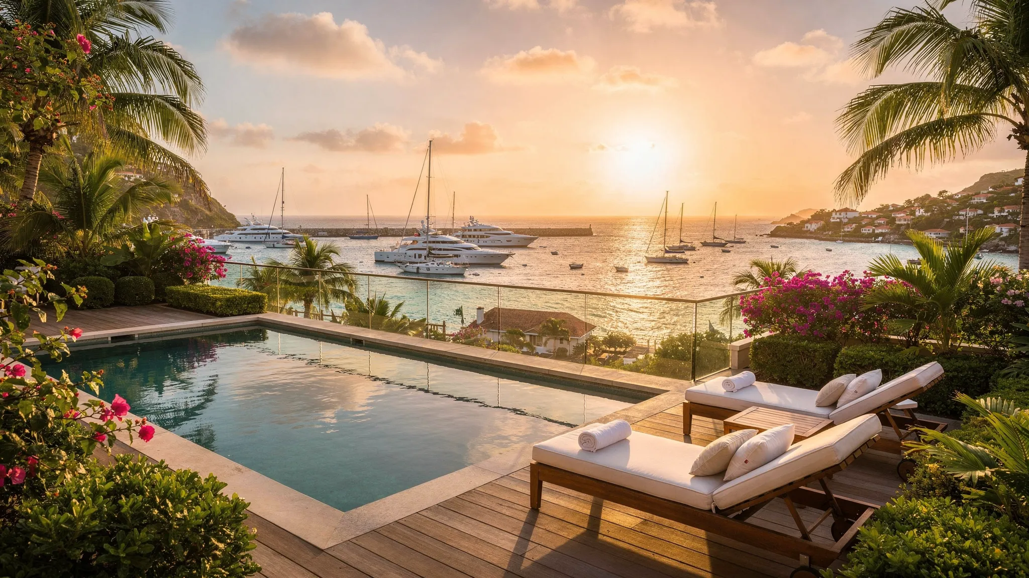 A luxury resort terrace on a St Barts hillside at golden hour, with a private plunge pool in the foreground, tropical landscaping, and a view of the harbor with sleek yachts anchored in calm water.