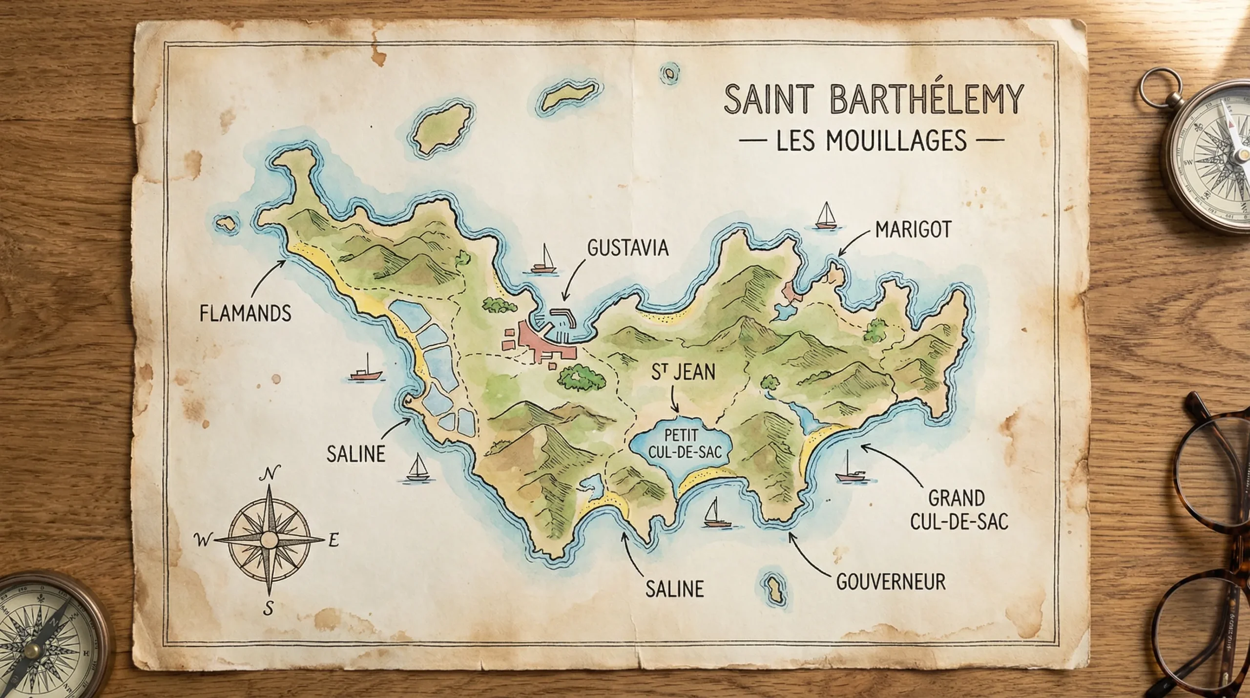 A simple illustrated map of St. Barts showing the main anchorages labeled: Gustavia, St Jean, Colombier, Grand Cul-de-Sac, Petit Cul-de-Sac, Marigot, Gouverneur, Saline, Flamands.