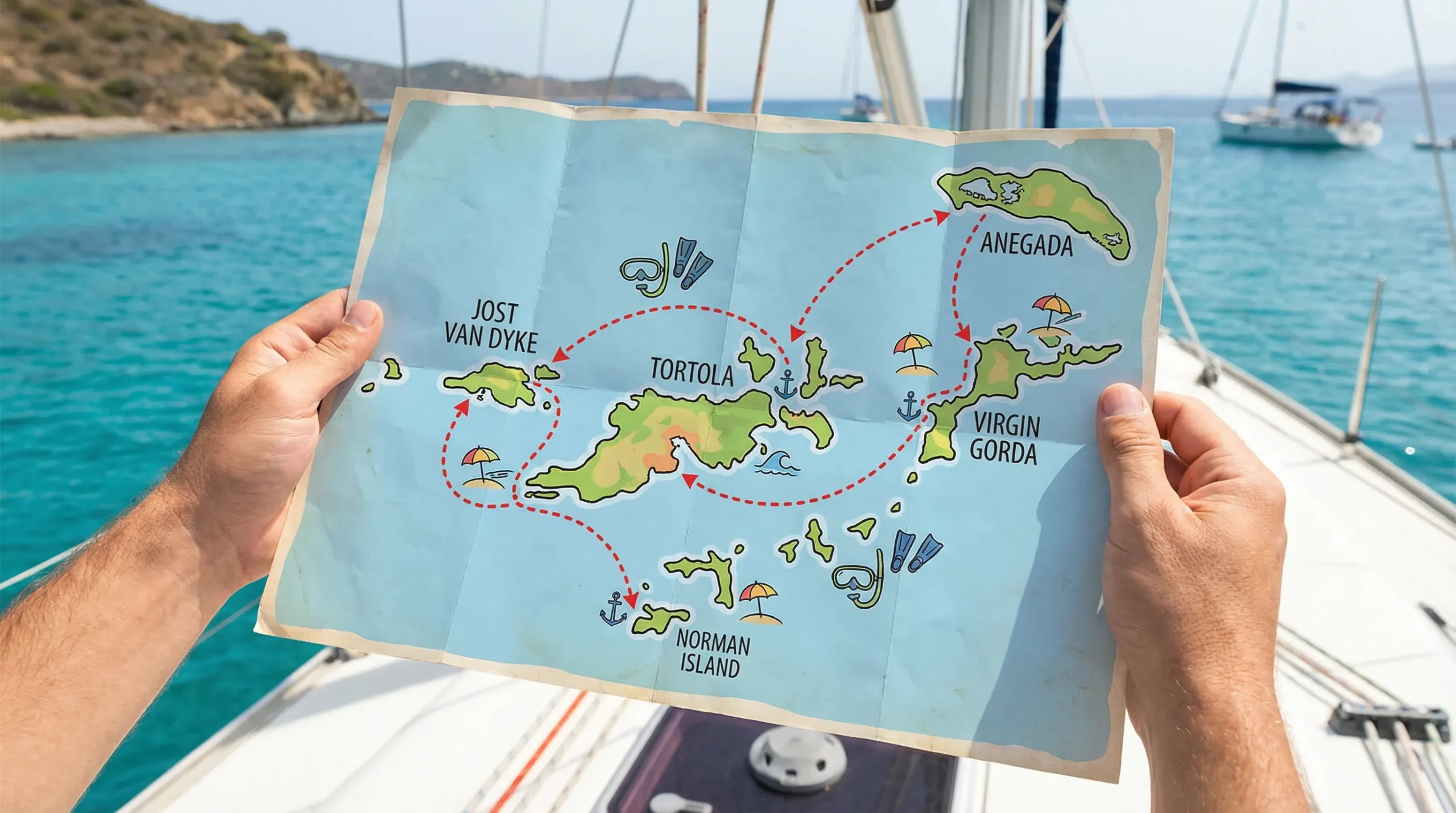 A simplified illustrated map of the British Virgin Islands showing Tortola, Virgin Gorda, Jost Van Dyke, Anegada, and Norman Island with a dotted sample week-long yacht route and small icons for snorkeling, beaches, and marinas.