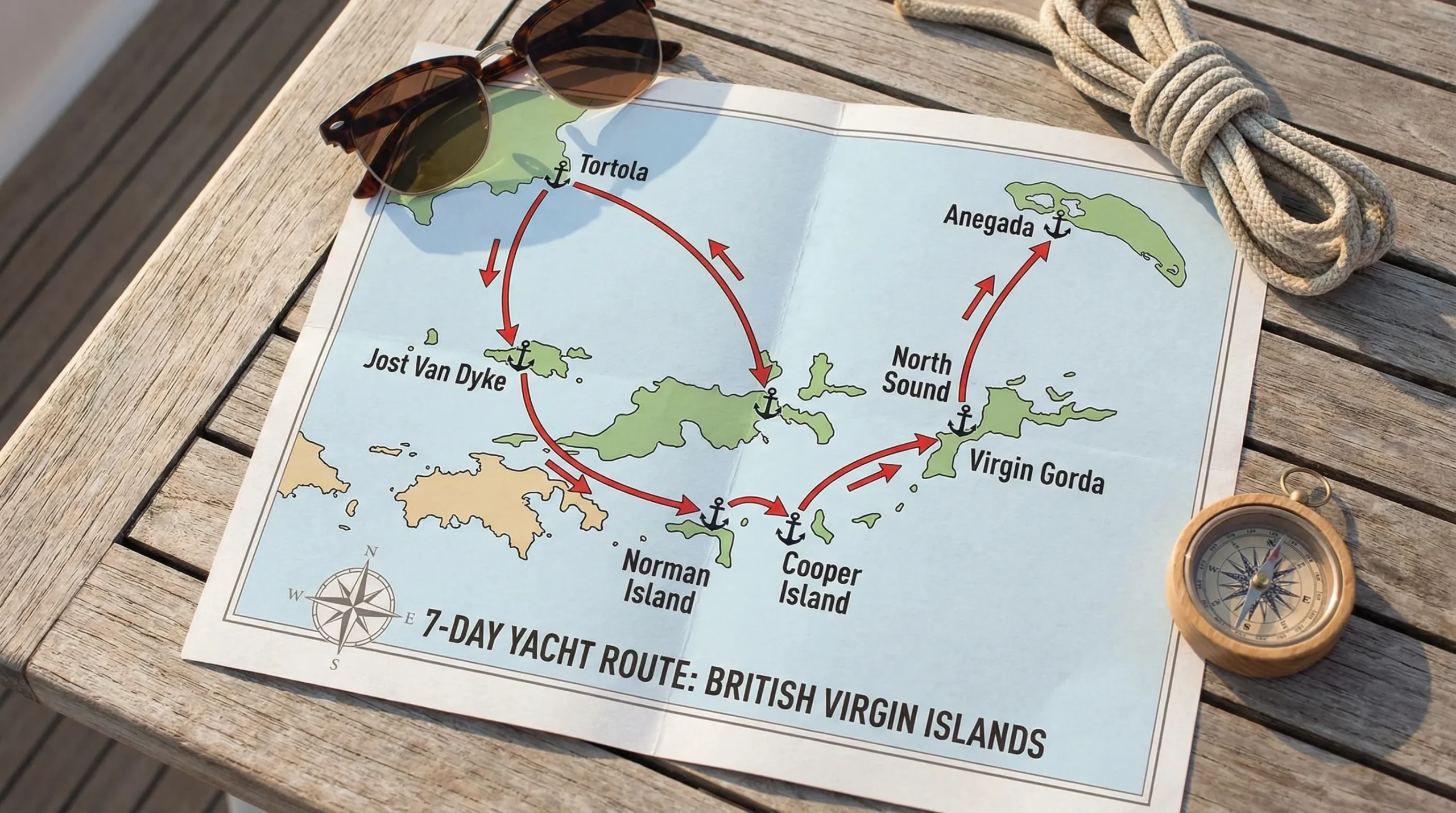 A simplified map-style illustration of the British Virgin Islands with a clear 7-day yacht route marked by arrows: Tortola to Norman Island to Cooper Island to Virgin Gorda to Anegada to North Sound to Jost Van Dyke and back to Tortola.