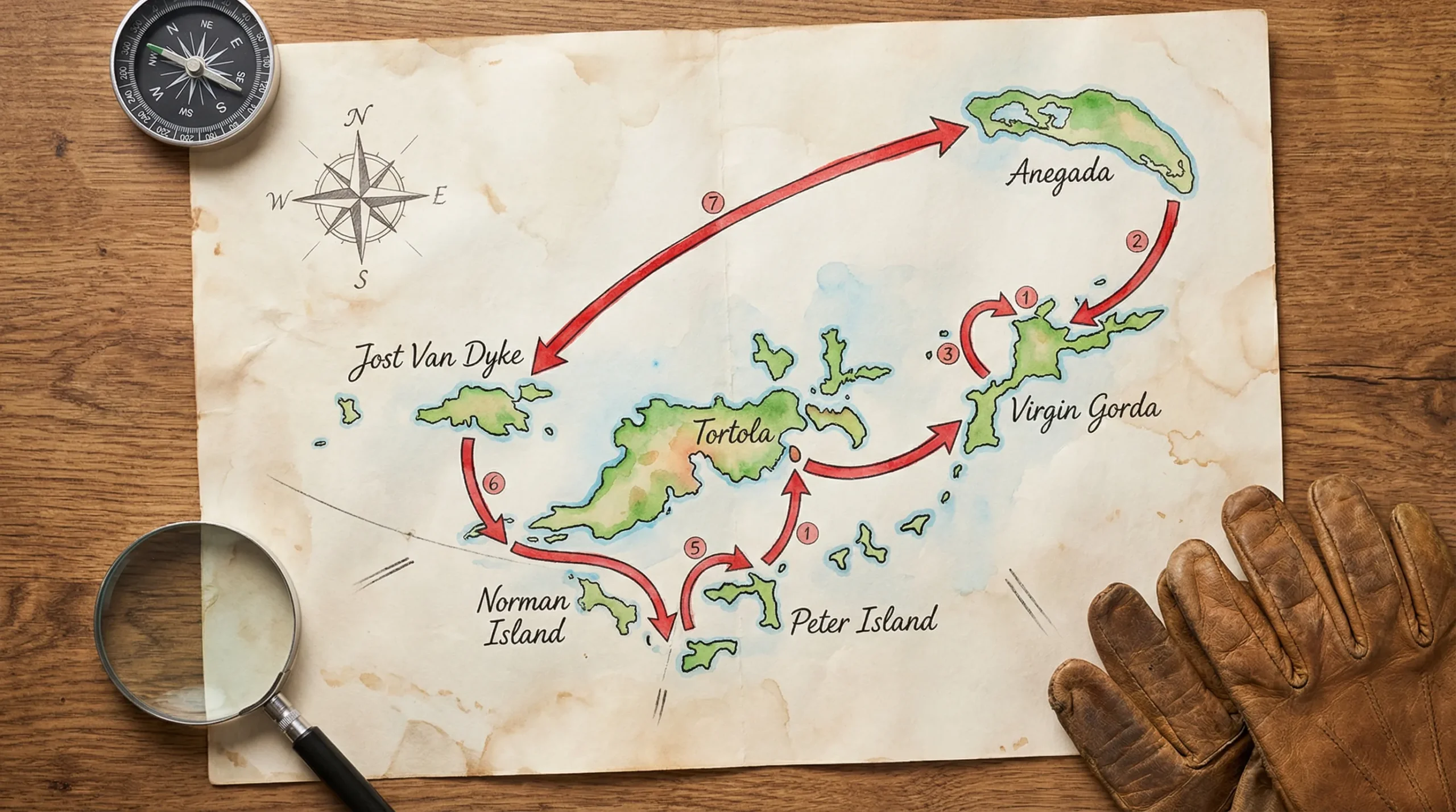 An illustrated map-style overview of the British Virgin Islands with the main islands labeled (Tortola, Virgin Gorda, Jost Van Dyke, Anegada, Norman Island, Peter Island) and simple arrows showing a classic 7-day loop route.