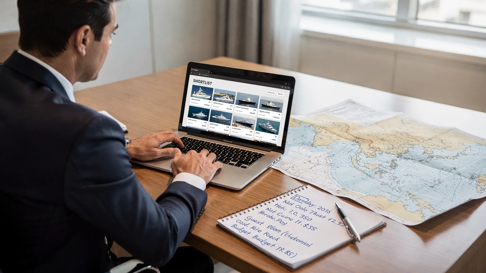 A charter broker and a client reviewing a shortlist of yachts on a laptop next to a paper nautical chart, with notes about dates, guest count, and budget on a notepad.