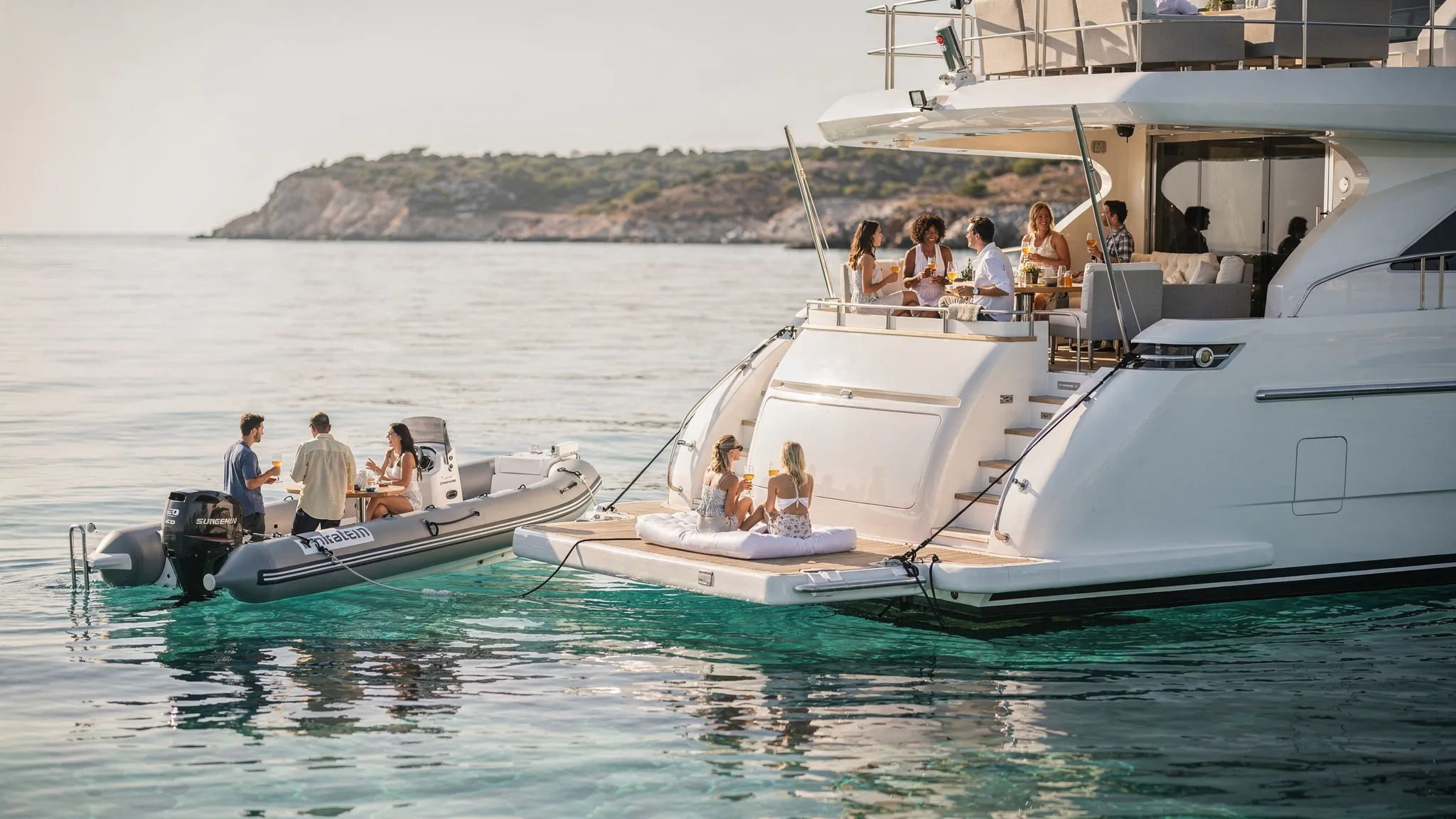 A luxury yacht at anchor in clear turquoise water with two groups socializing on the aft deck and in the water, illustrating how larger parties often use multiple yachts or support boats to stay within guest limits.