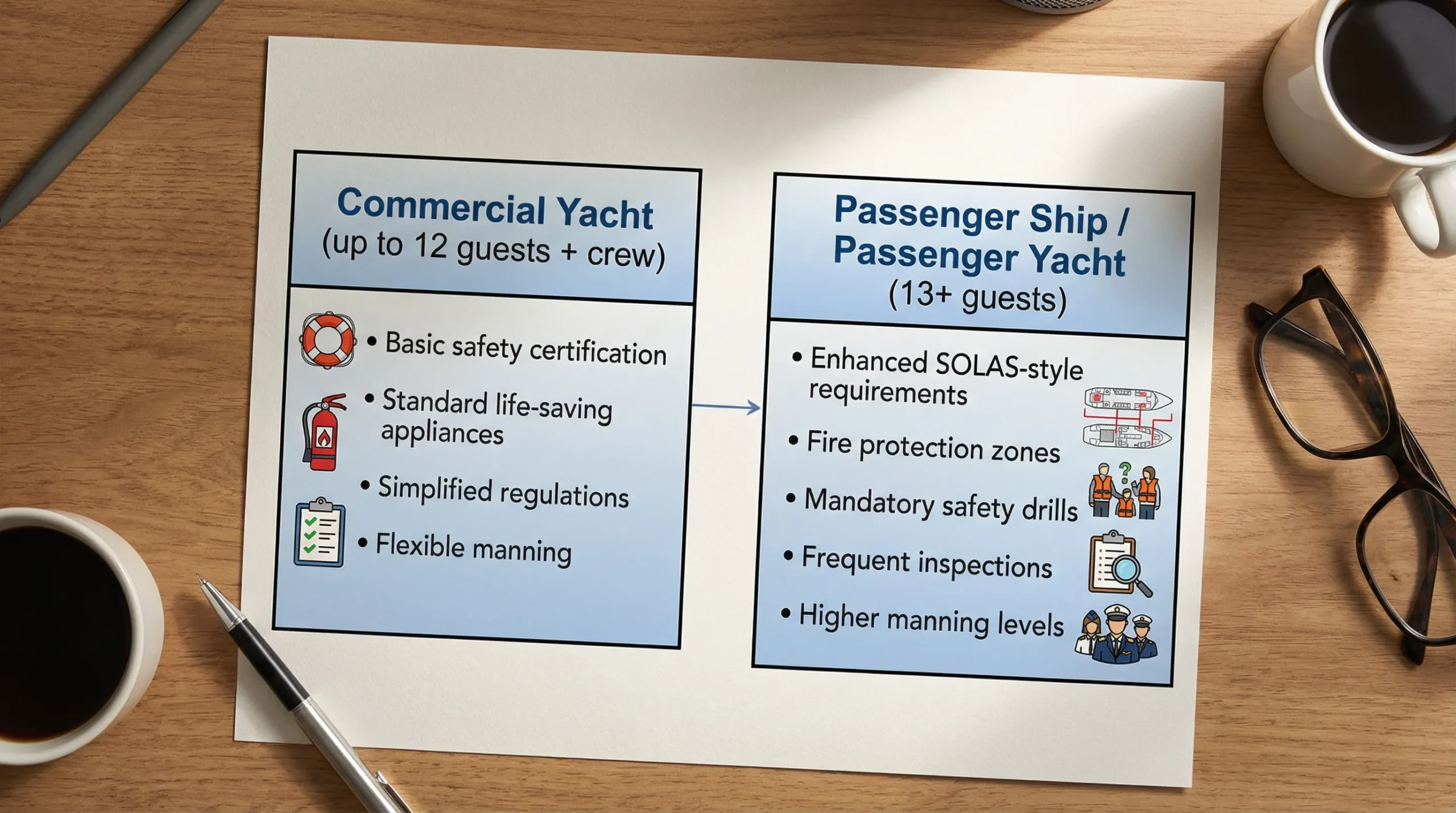 A simple diagram showing two boxes side by side: “Commercial Yacht (up to 12 guests + crew)” with basic safety certification, and “Passenger Ship / Passenger Yacht (13+ guests)” with enhanced SOLAS-style requirements like fire zones, drills, inspections, and higher manning.