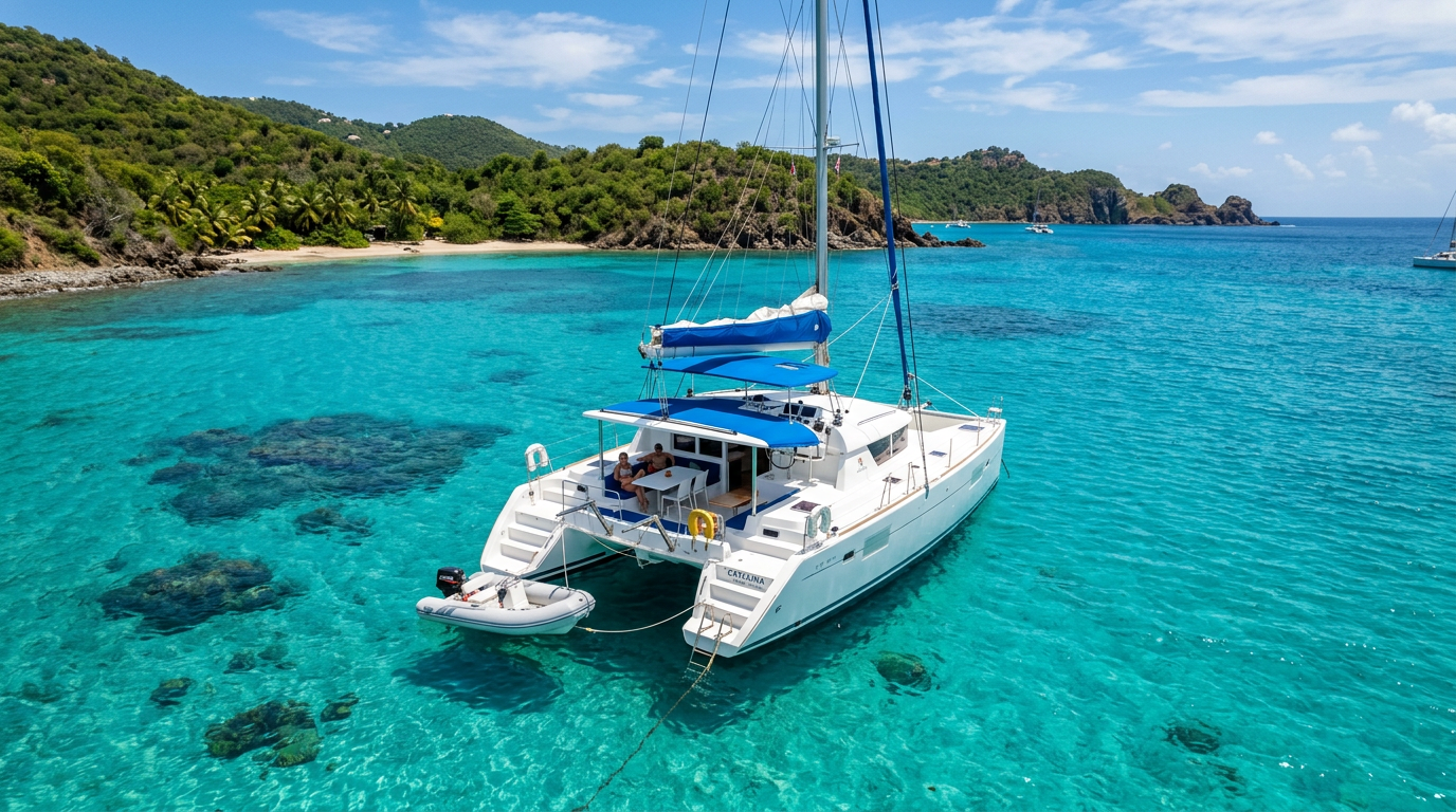 Aerial view of a white catamaran anchored in a turquoise Caribbean bay for choosing the right charter yacht