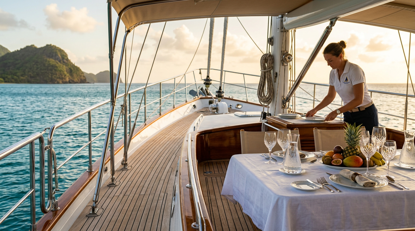 Luxury yacht deck with crew setting a gourmet dining table in the Caribbean
