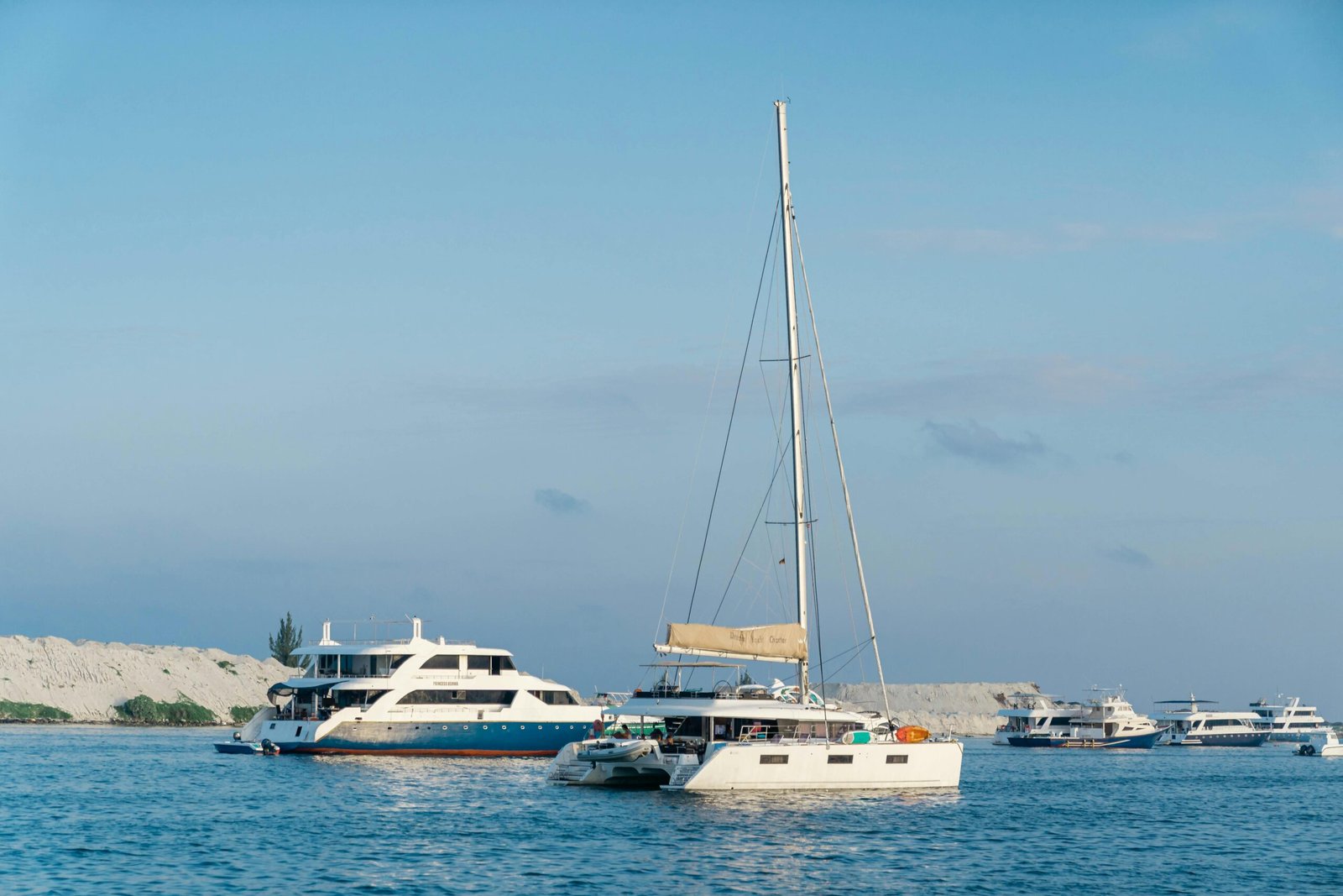 Multiple sailing yachts gliding across calm blue seas near a scenic coastal shoreline