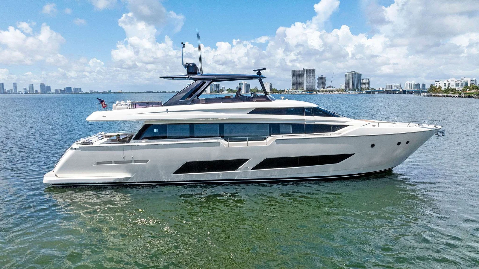 The Brass Ring 85-foot Ferretti motor yacht with introductory yacht charter deals in the Bahamas