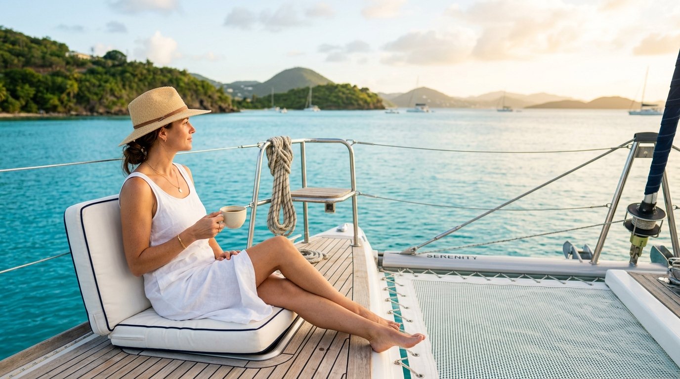Woman relaxing on a yacht charter deck with coffee — you don't need to like swimming to enjoy a boat vacation