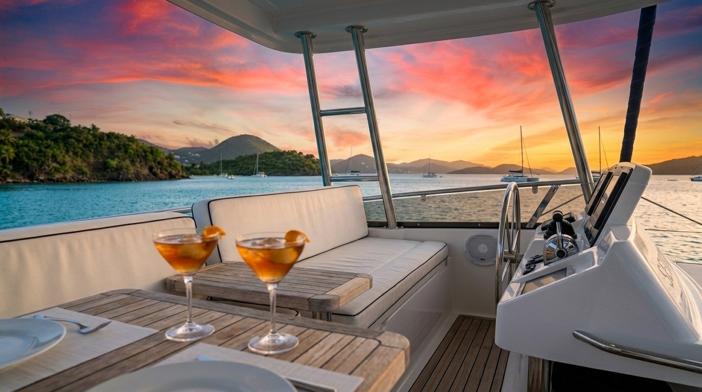 Sunset cocktails on the flybridge of a Caribbean yacht charter with island views