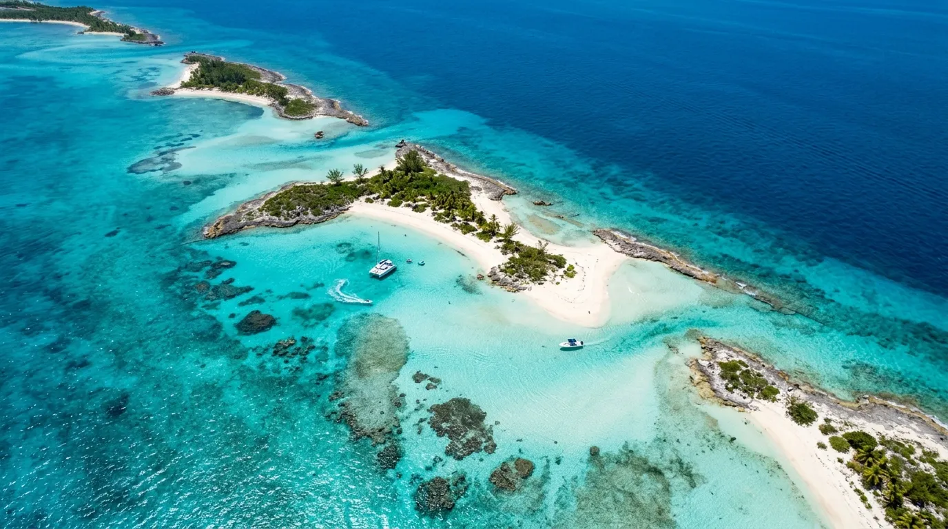 Aerial view of Exuma Cays chain with turquoise shallows for Bahamas yacht charter itinerary