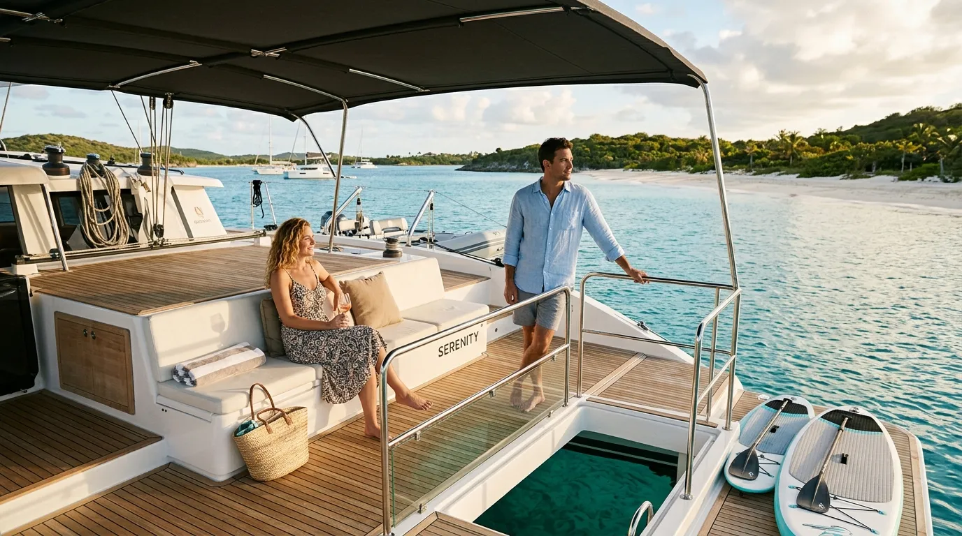Couple relaxing on crewed catamaran deck during a Bahamas charter vacation