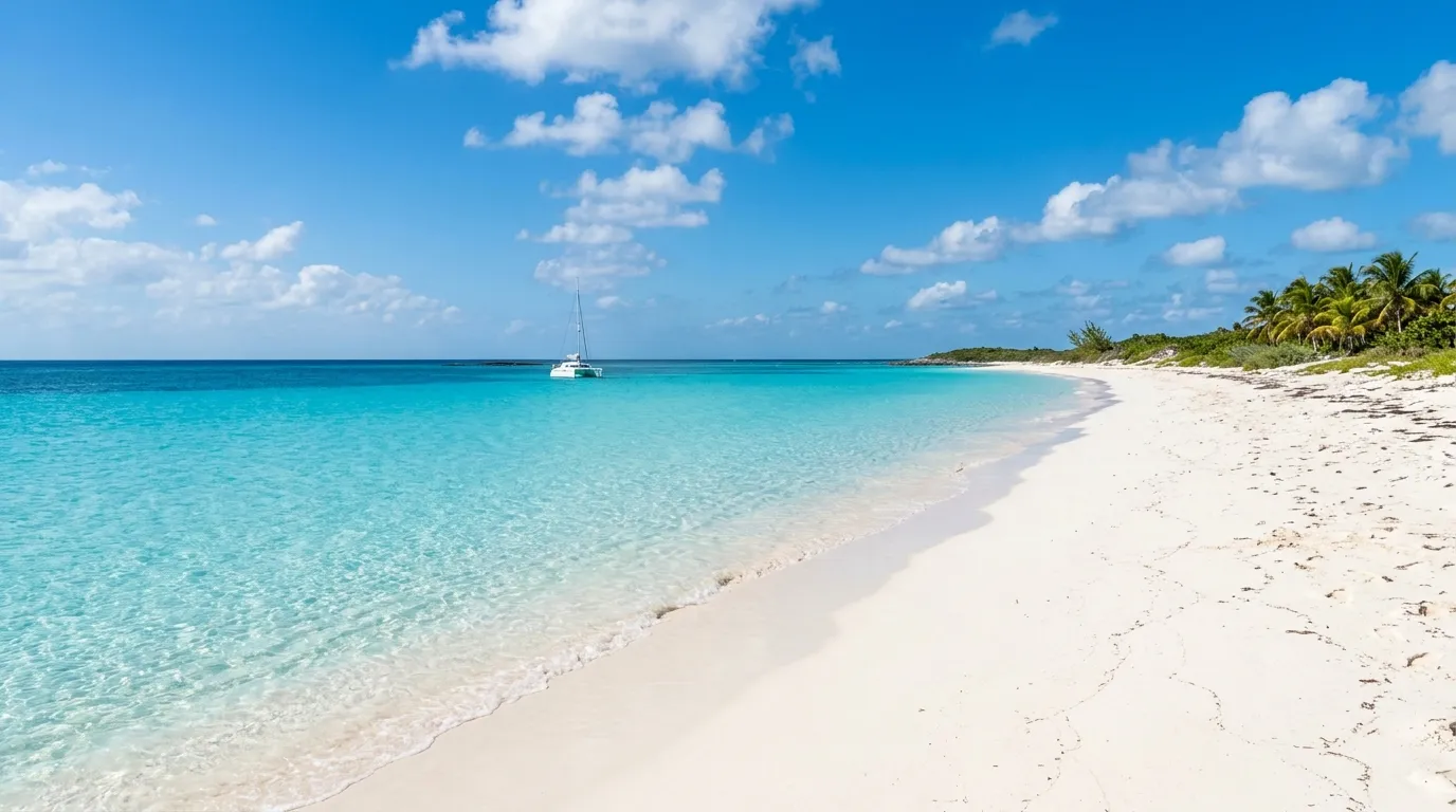 Pristine white sand Bahamas beach with catamaran anchored in clear turquoise water