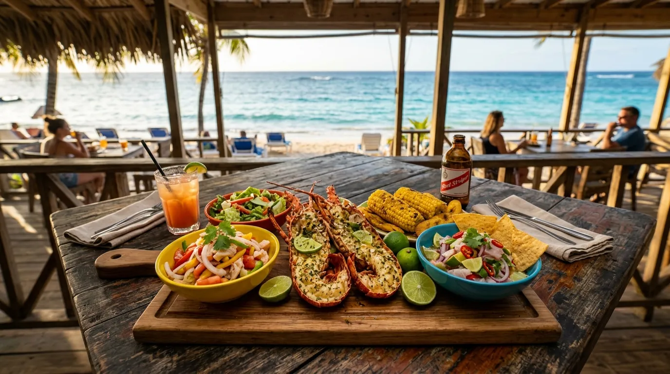Caribbean seafood platter with grilled lobster and ceviche at a beachfront BVI restaurant