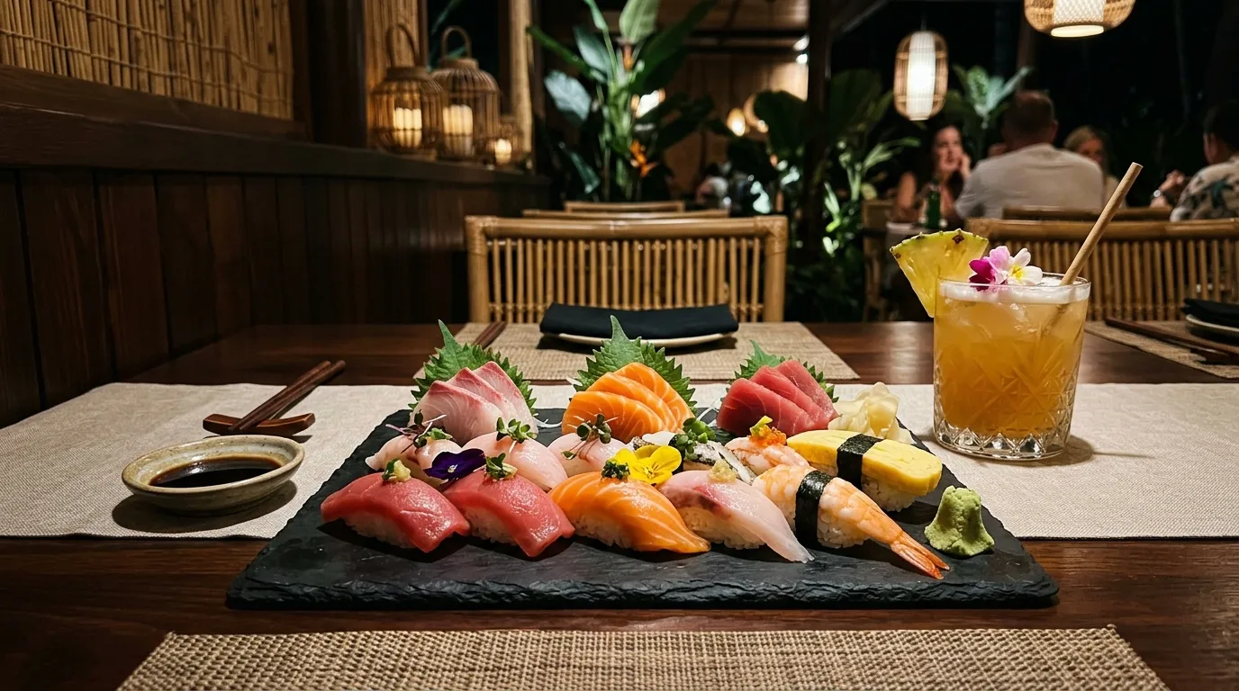 Fresh sushi and sashimi platter at Marche at Trellis restaurant in the BVI