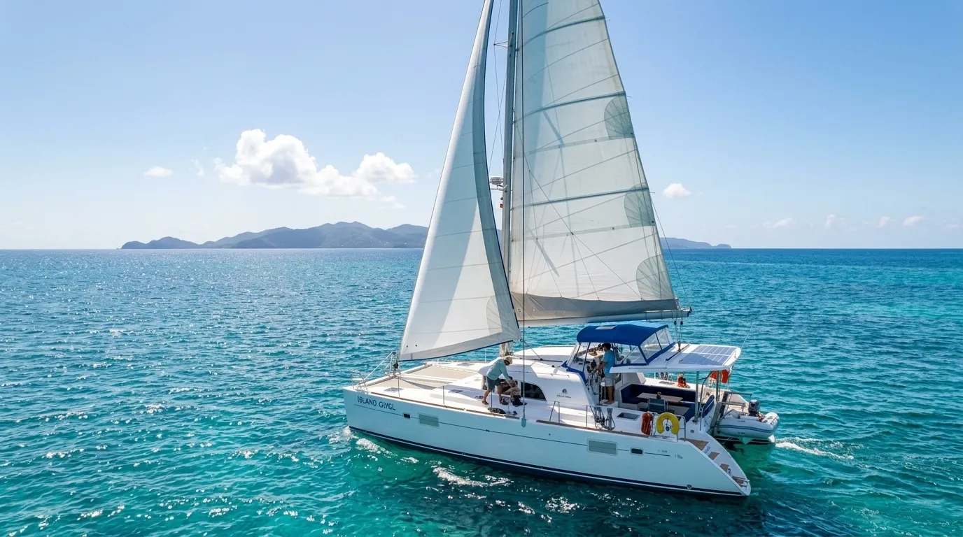 Crewed catamaran under sail in Caribbean trade winds during peak charter season