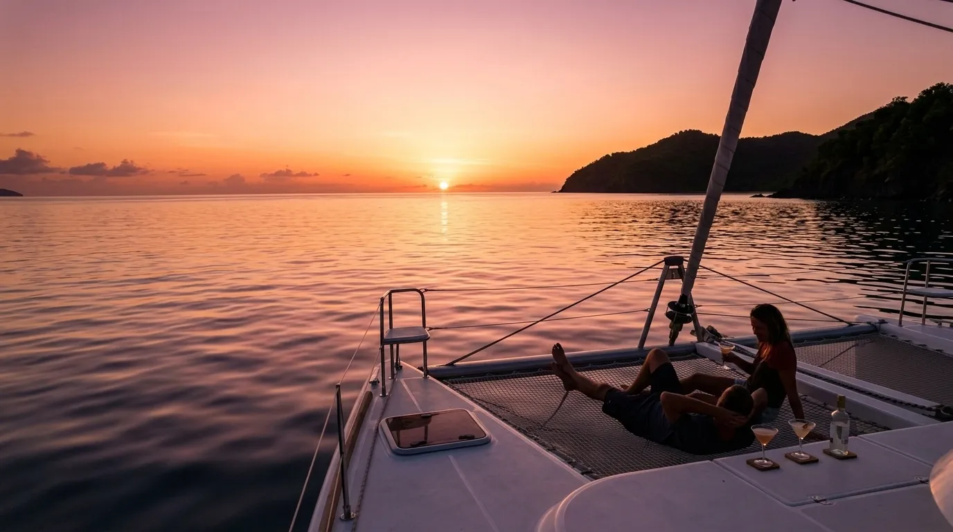 Couple enjoying sunset cocktails on catamaran bow during Caribbean shoulder season