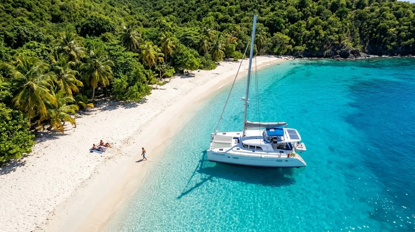 Aerial view of catamaran at white sand Caribbean beach cove