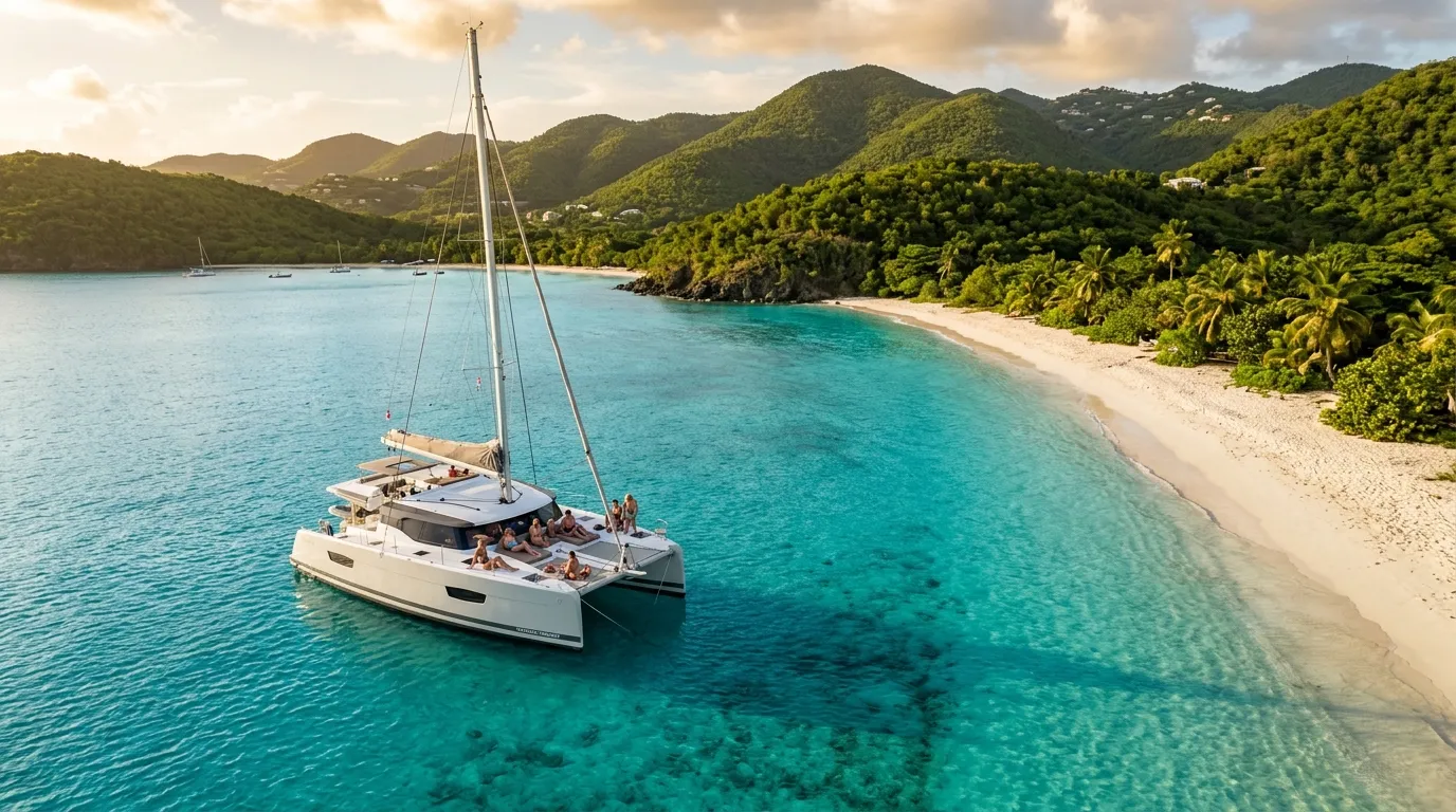 Crewed catamaran anchored in a turquoise Caribbean bay