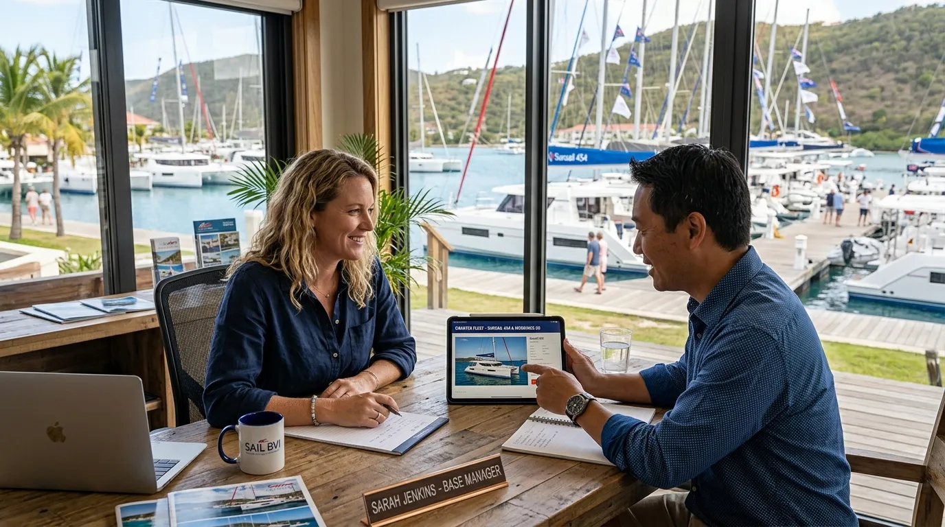 Charter broker discussing yacht options with client at a marina office