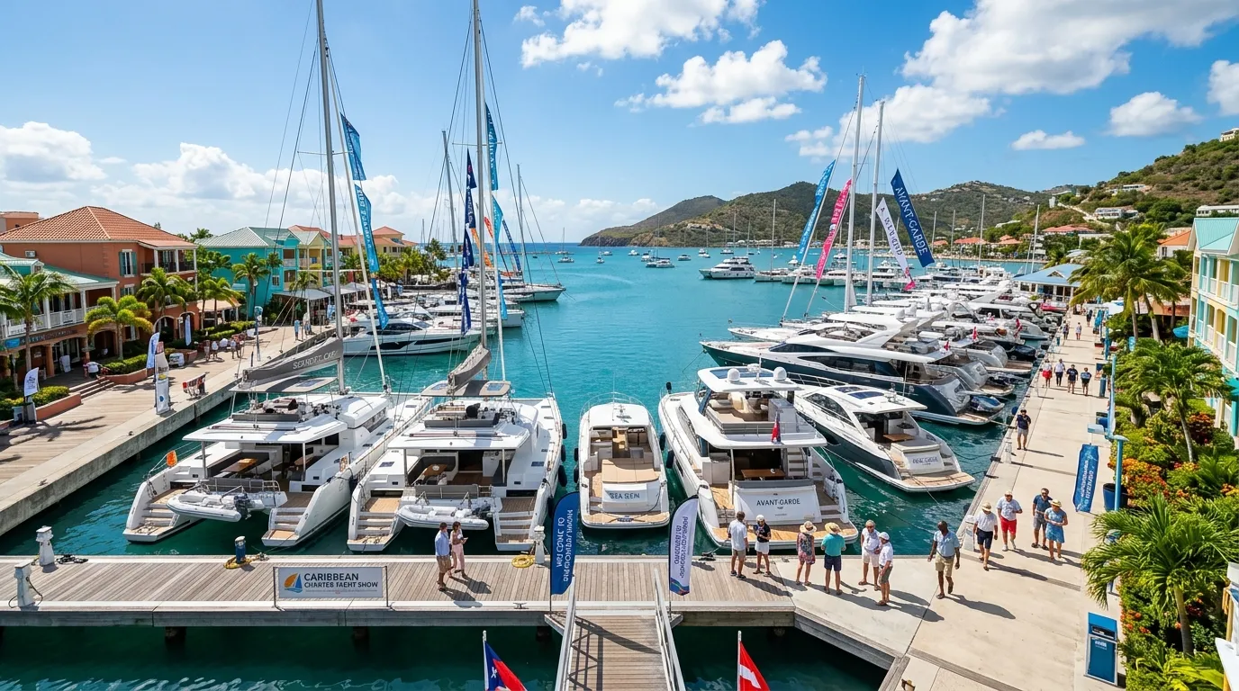 Luxury catamarans and motor yachts at a Caribbean charter yacht show