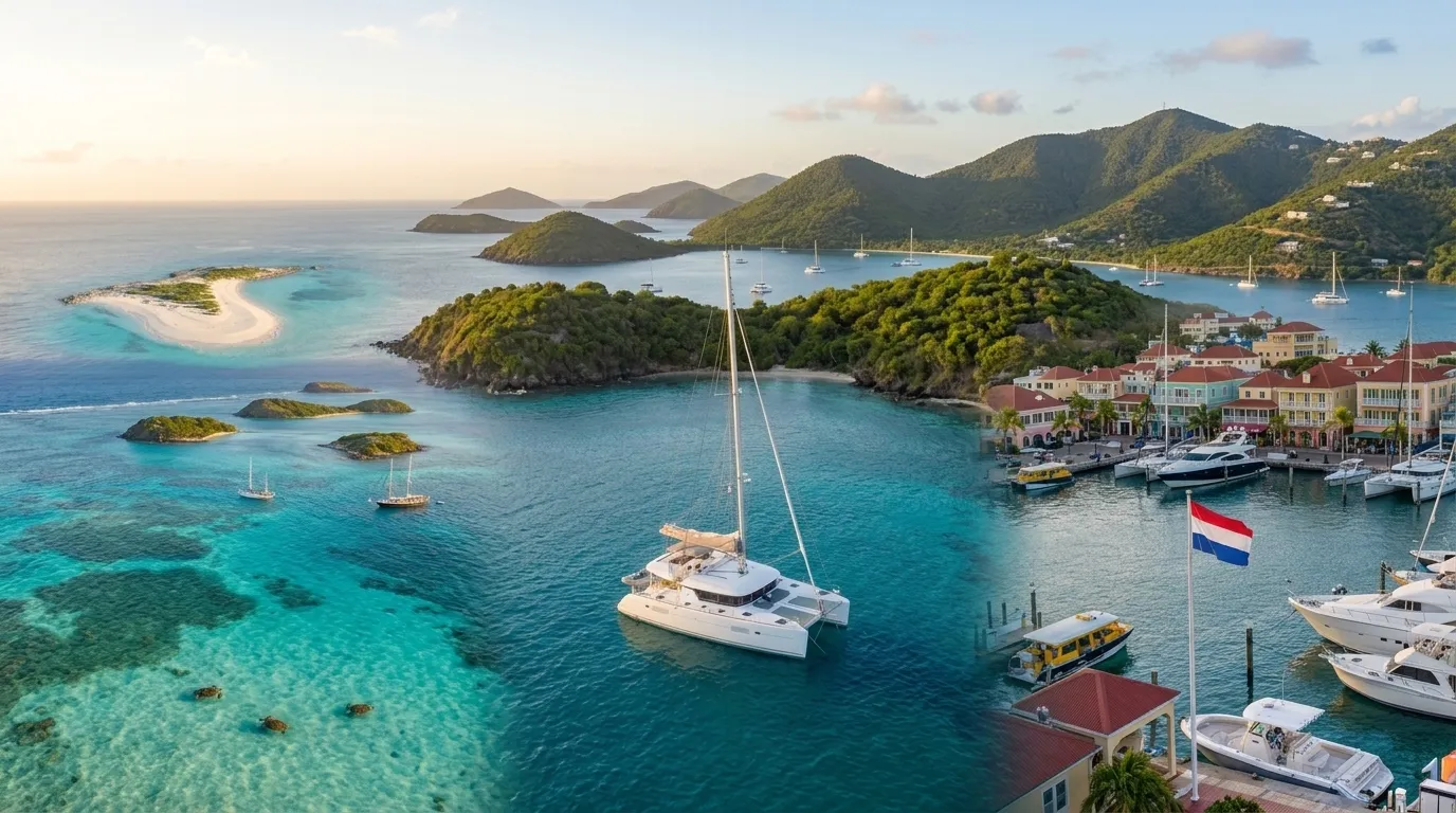 Catamaran sailing through Caribbean island channels for a bareboat charter