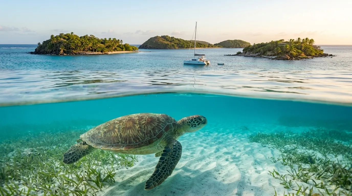 Sea turtle swimming near Tobago Cays in the Grenadines yacht charter destination