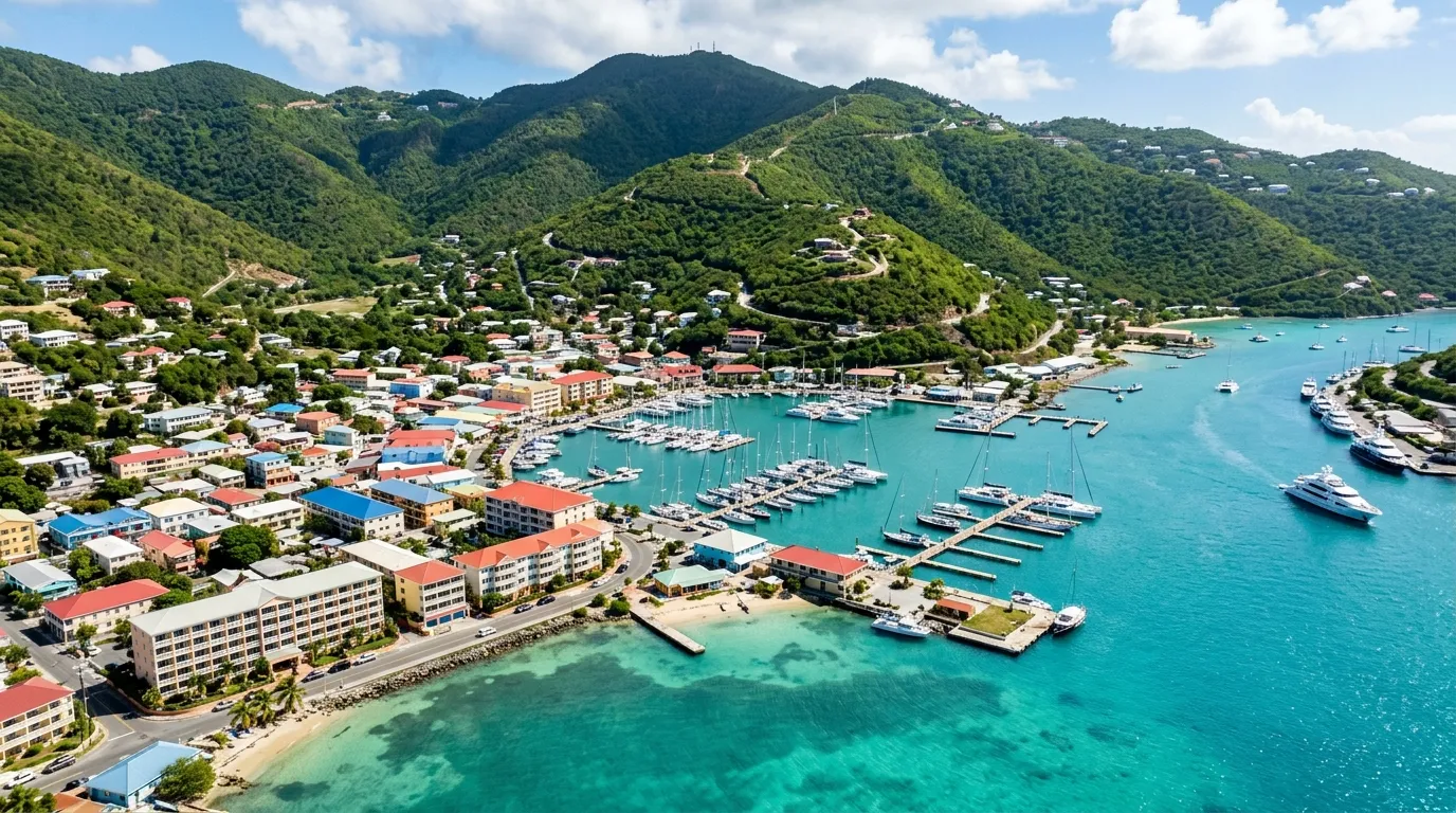 Aerial view of Road Town harbor and Wickhams Cay marina in Tortola BVI