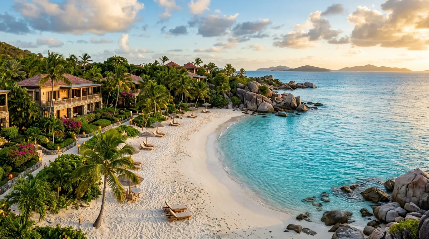 Luxury beachfront resort on Virgin Gorda with white sand beach and turquoise Caribbean water