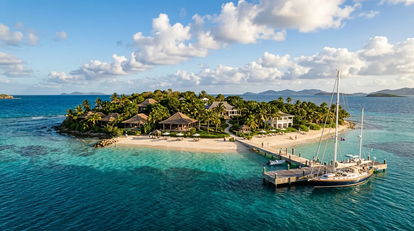 Private island resort in the British Virgin Islands with dock and sailboat