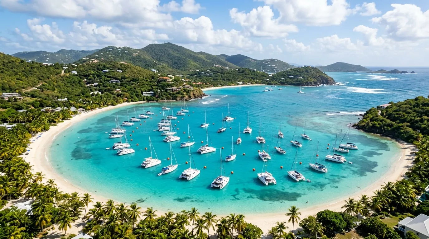 Aerial view of yachts moored in a BVI anchorage with orange mooring balls