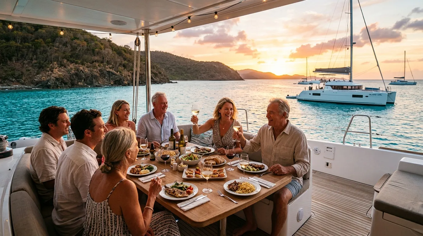 Multigenerational group sharing dinner on a catamaran deck during a tandem charter