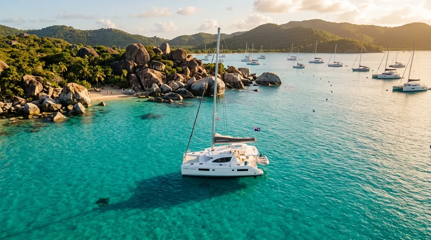 Crewed catamaran anchored near The Baths in the British Virgin Islands charter destination