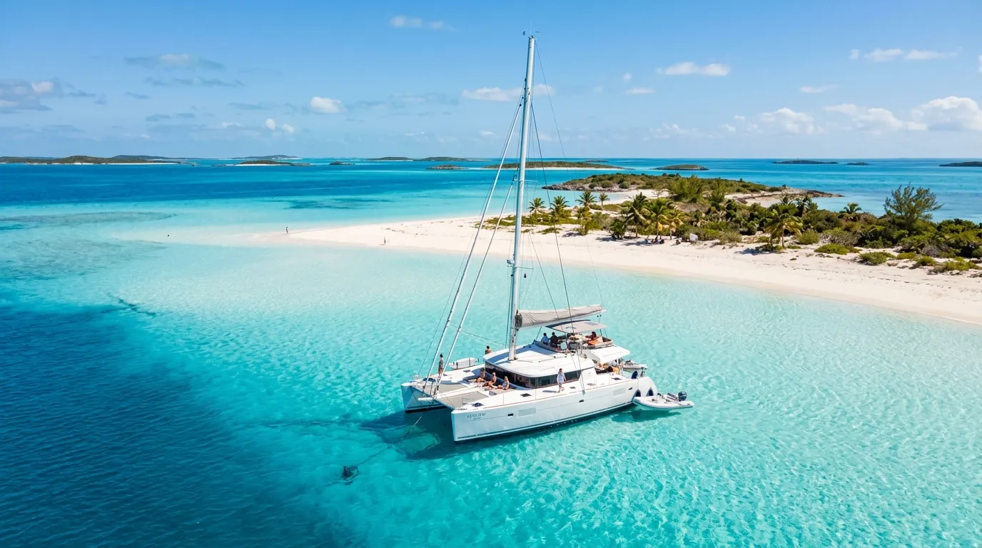 Luxury catamaran at a sandy Exuma Cay in the Bahamas charter destination