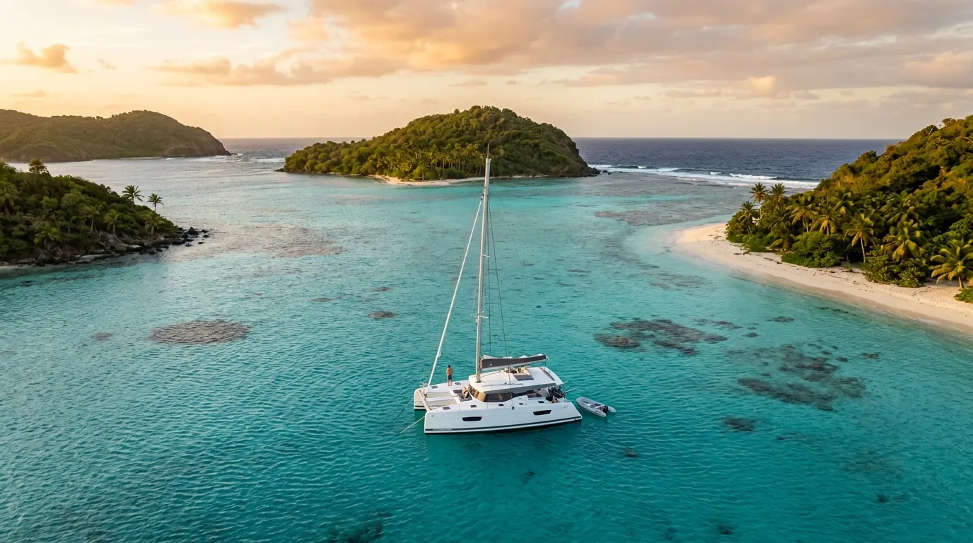 Catamaran anchored alone in the Tobago Cays Grenadines charter destination