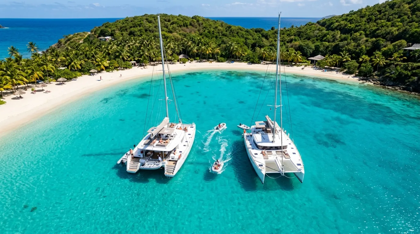 Aerial view of two crewed catamarans on a tandem corporate yacht charter anchored in a Caribbean bay