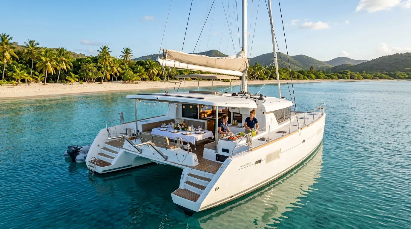 Crewed catamaran with crew preparing dinner near a Caribbean beach