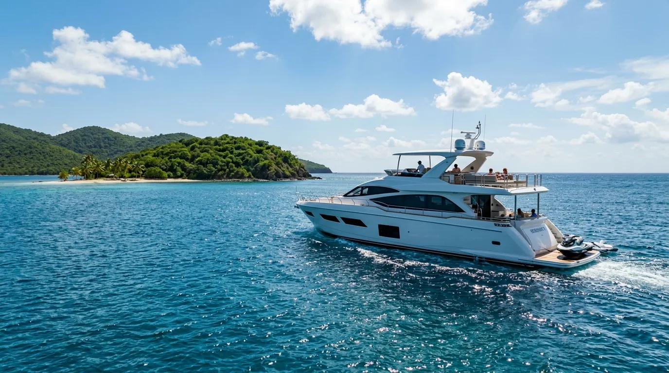 Luxury motor yacht cruising past a tropical island in the Caribbean