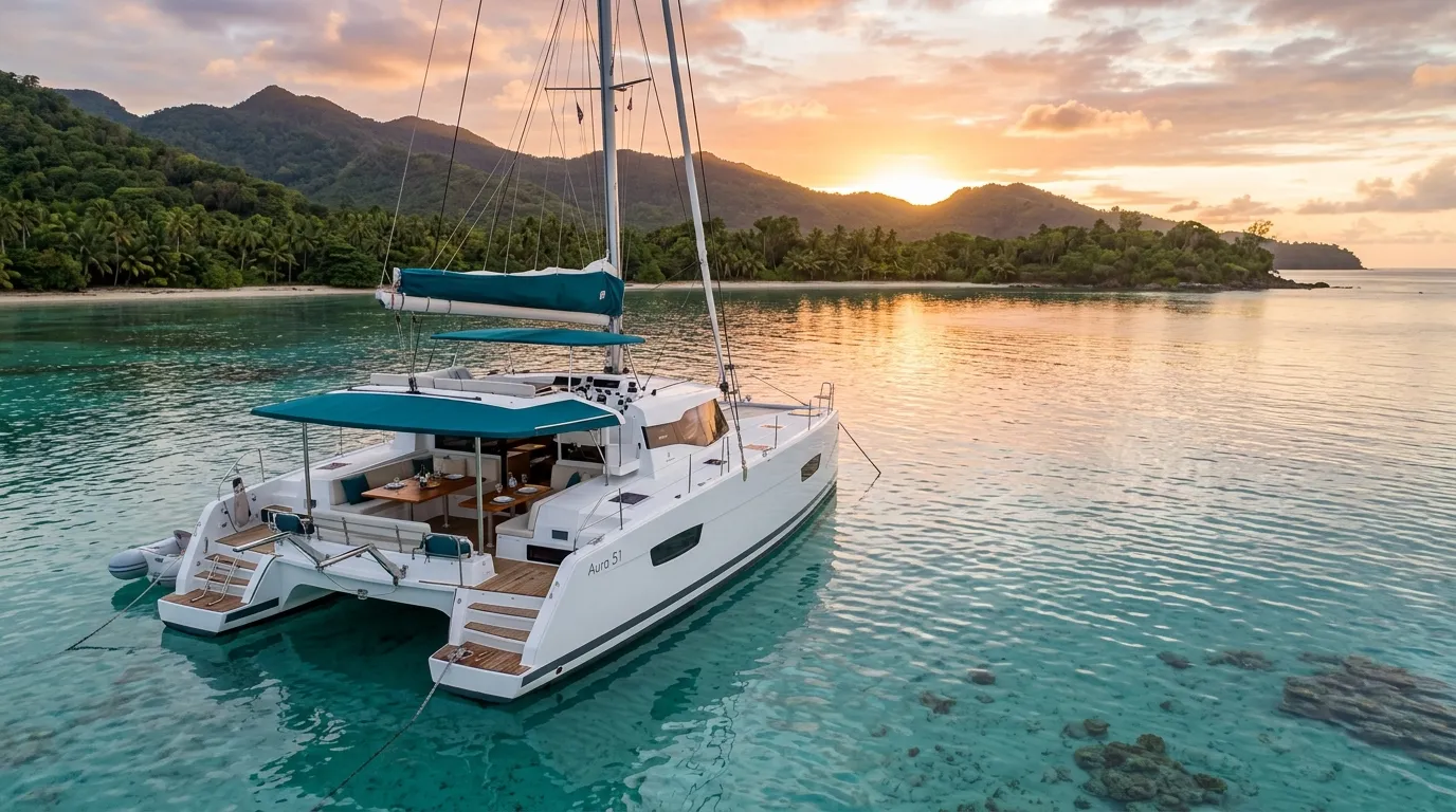 Luxury catamaran anchored in turquoise Caribbean bay at sunset