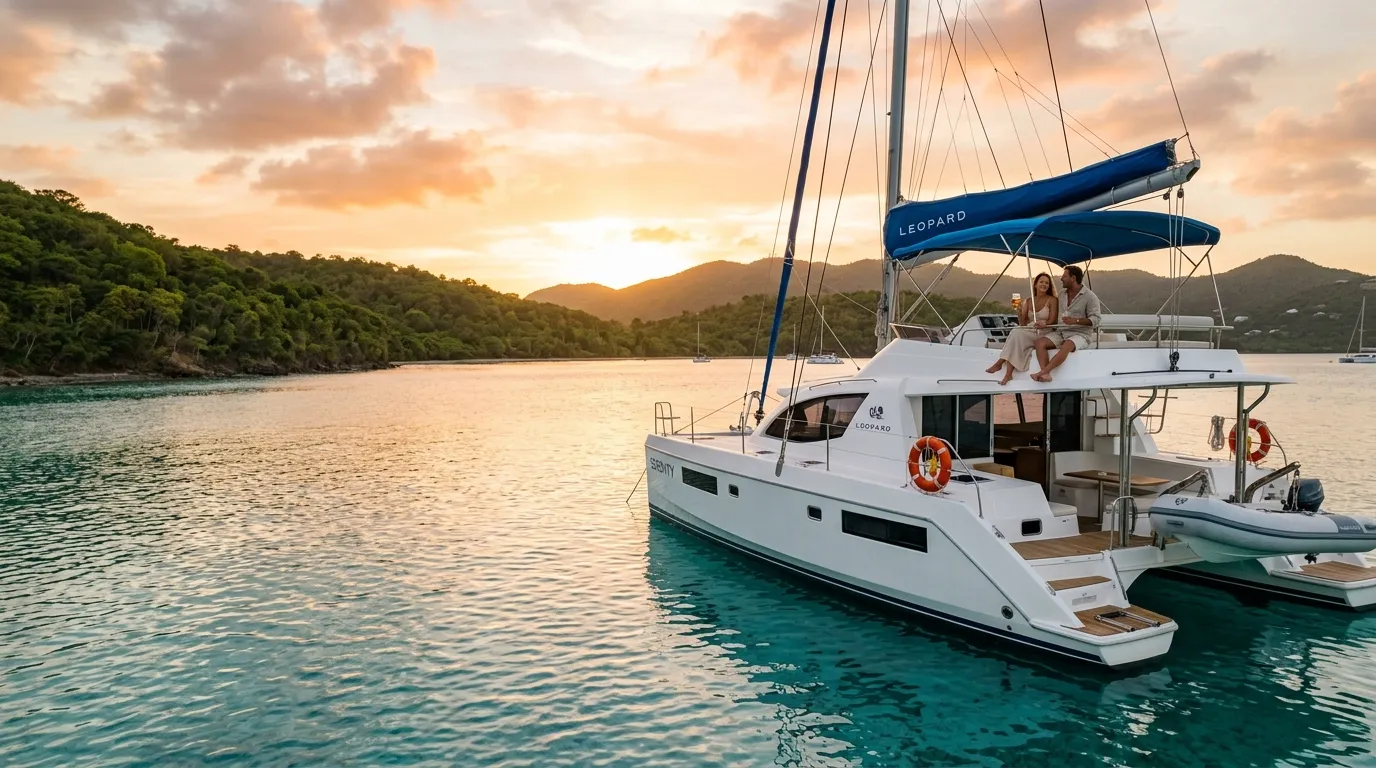 Leopard catamaran anchored in a turquoise Caribbean bay at golden hour for a first-time yacht charter