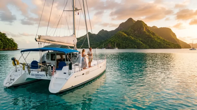 Catamaran anchored in a turquoise Caribbean bay at golden hour