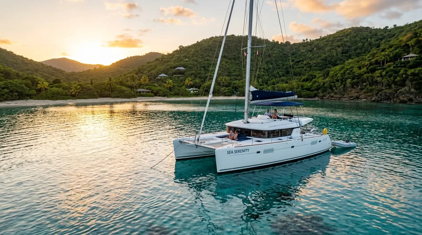 Yacht charter budget worksheet overlaid on a Caribbean catamaran scene