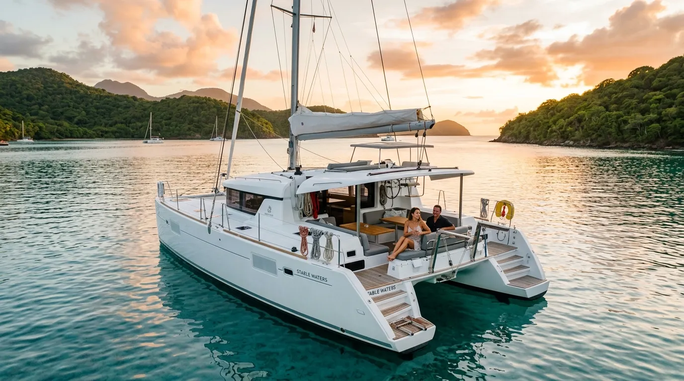 Catamaran anchored in calm Caribbean bay at golden hour for a seasickness-free yacht charter